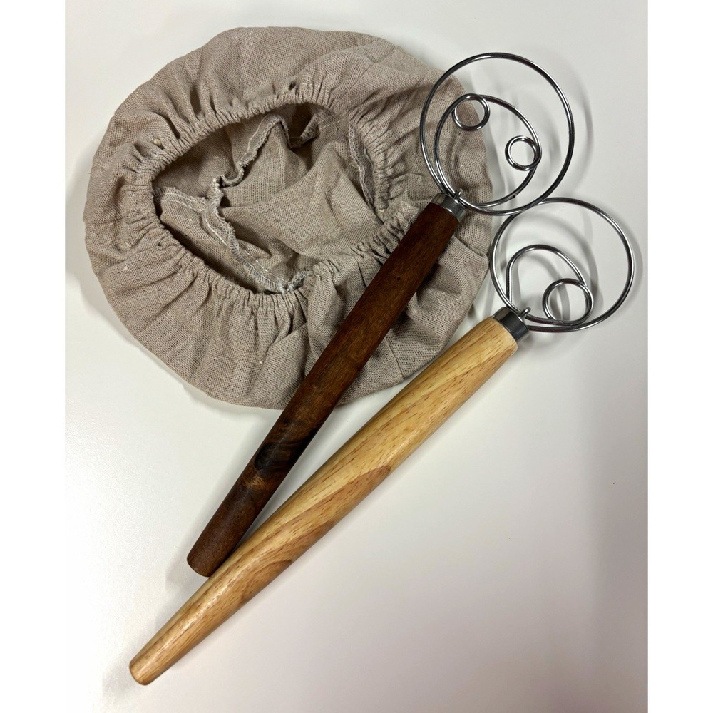 Sourdough Danish Dough Whisk Set of 2 with Fabric Bowl Cover Brown Silver